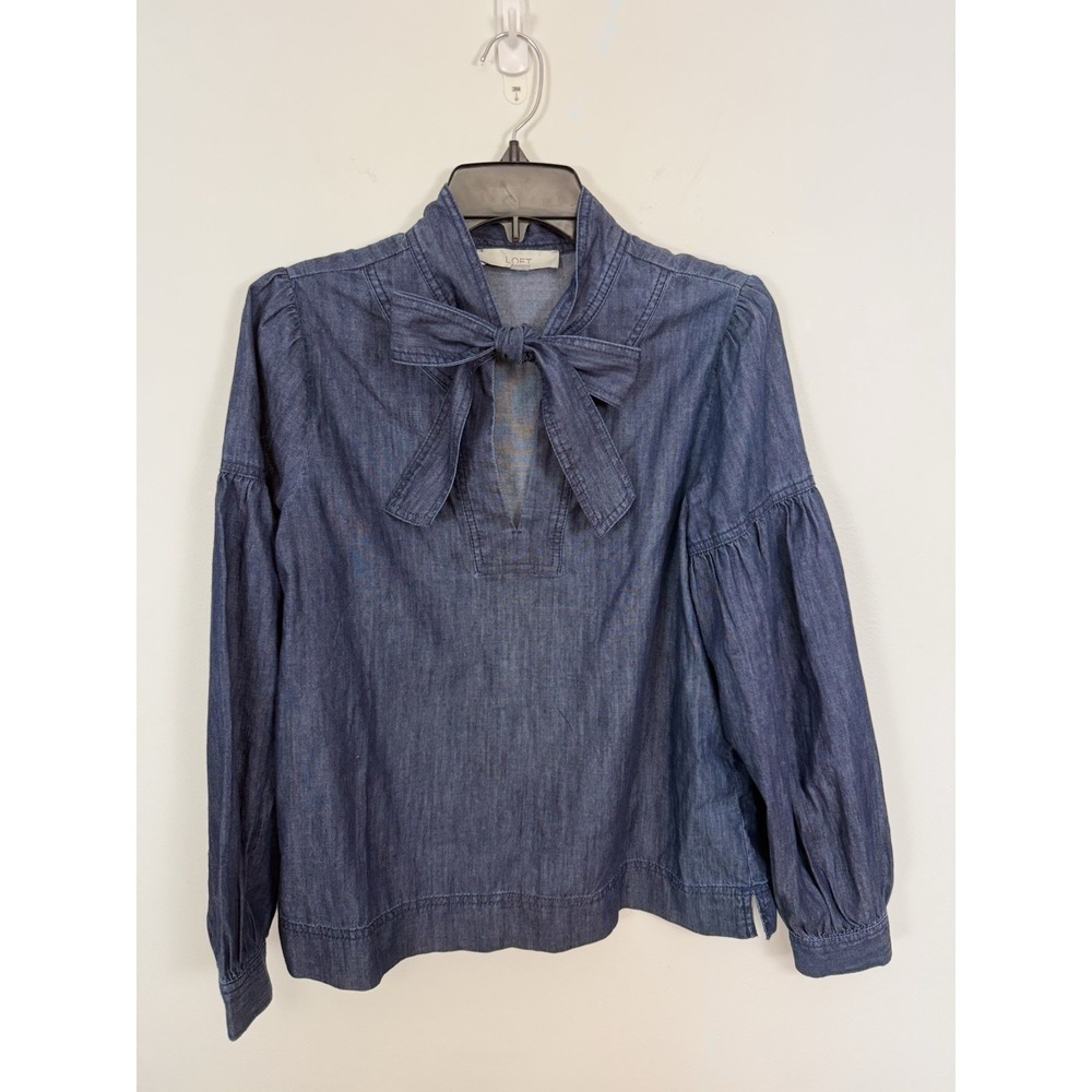 Loft Blue Balloon Sleeve Classy Denim Chambray Preppy Tie Front Chic Boho Top S